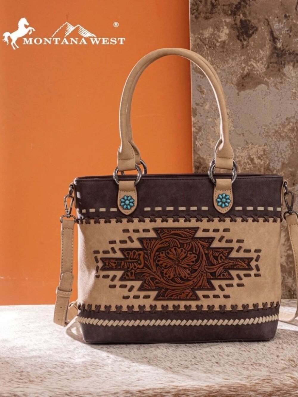 Montana West Western Tooled Aztec Concealed Carry Tote/Crossbody Coffee